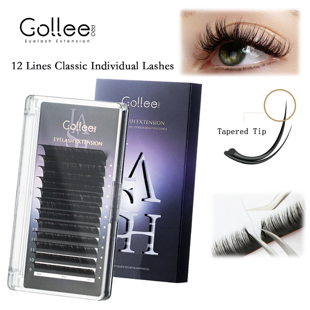 Gollee 12 Row Classic Individual Eyelashes Extensions 9-15/15-21mm Handmade PBT Fiber C/CC/D Curl Natural False Lashes Makeup