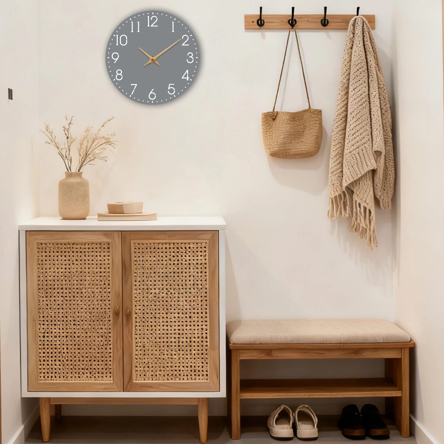 Minimalist Gray Wood Wall Clock Non-Ticking Quartz Clock Metal Hands Modern Decor for Living Room Bedroom Kitchen Home Office