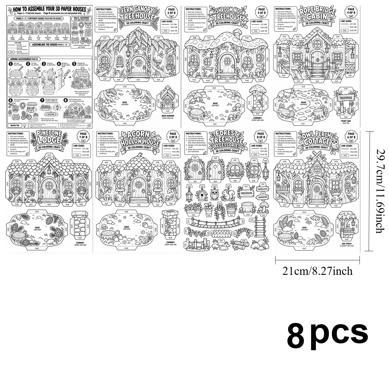 A4 Size 7 Style Tree House Origami Coloring Kit, DIY Forest Craft Foldable Origami Sheets, Coloring Creative Paper Art Project