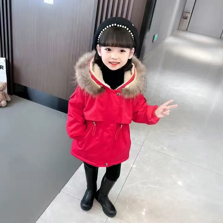 Mädchen Baby Kinder Mantel Jacke Oberbekleidung 2026 Kapuzenjacke mit Plusch-Futter Verdickt Warm Winter Herbst Top Baumwolle Teenager Fleece Kinderjacke
