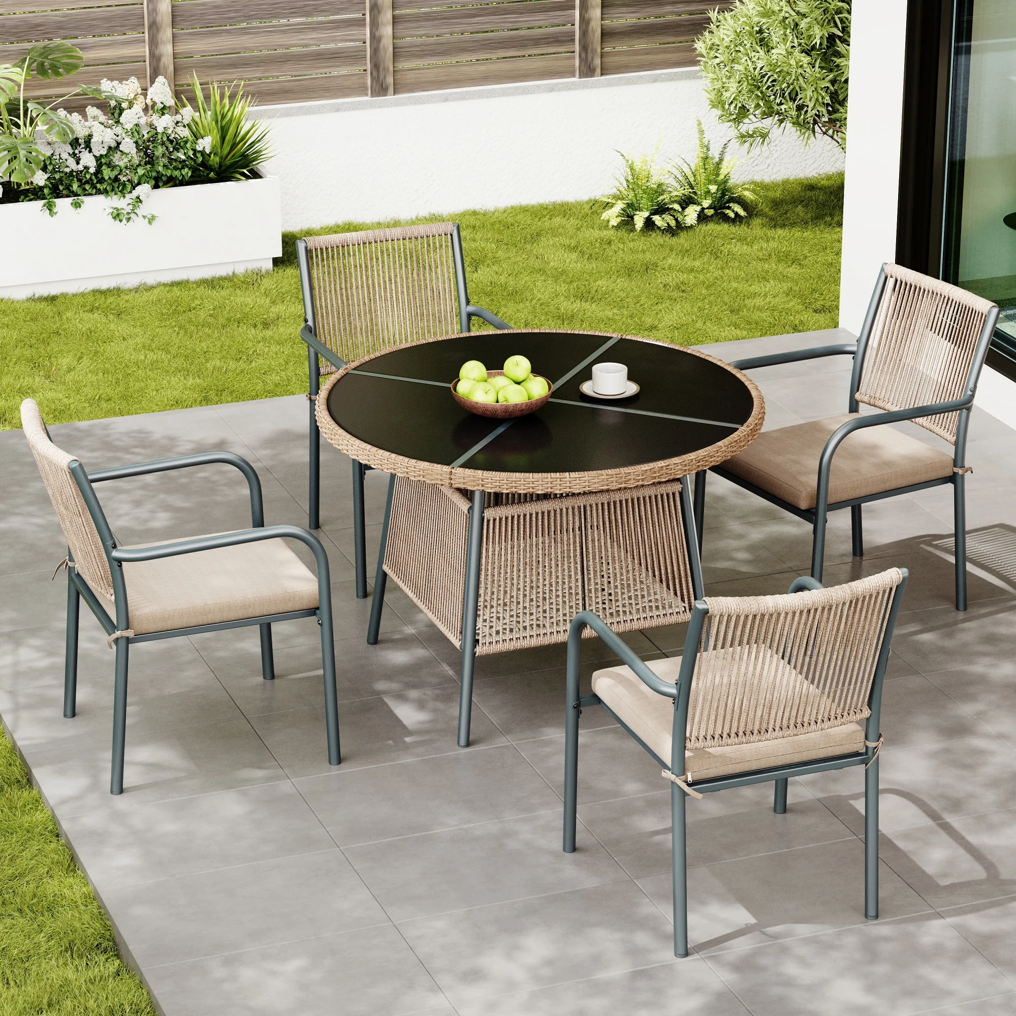 Salon de jardin 5 pièces avec table ronde en verre trempé et 4 fauteuils à coussins, en fer et polyester, gris