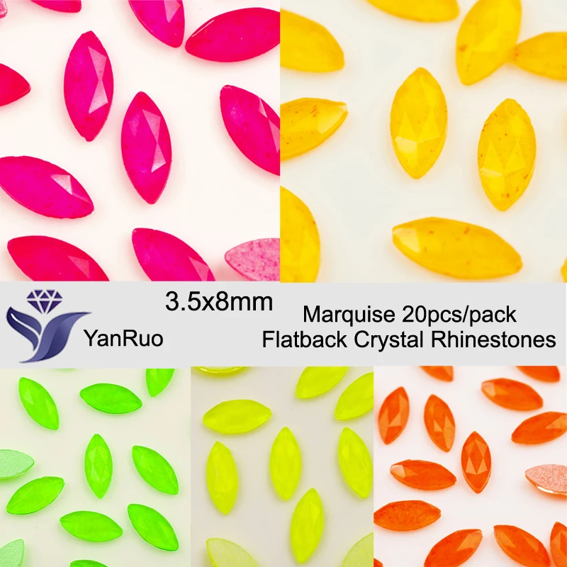 YanRuo 20pcs 3.5*8mm Nail Art Marquise Multicolor Crystal Glass Diamond Jewelry Flatback Beauty Accessories Nail Art Decorations
