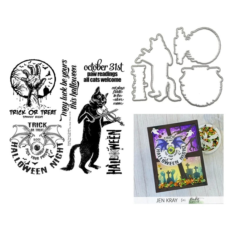 

Cutting Dies Clear Stamp Halloween Scrapbooking For Card Making Cat Plays Fiddle to the Silver Moon Embossing Frame