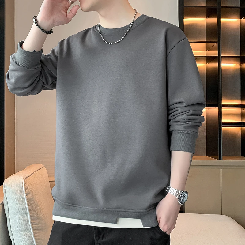 Men Beige Fake Two Piece Sweatshirt Crew Neck Hem Patchwork Irregular Split Hem Long Sleeve Loose Casual Basic Pullover Top