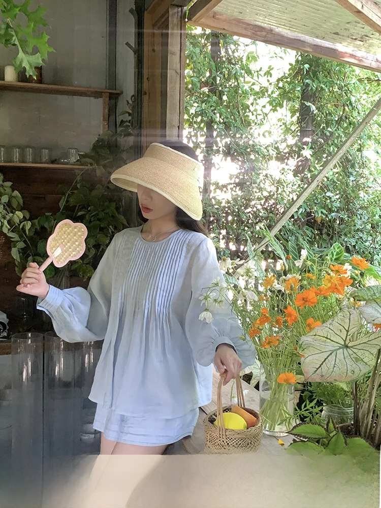 

No Errors Sea Salt Breeze New 00% Linen Accordion Pleat Sun Protection irt And orts Set Women's Faion Summer Outfit