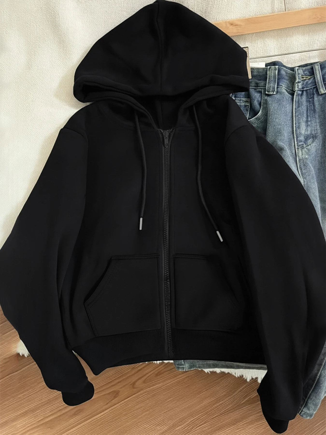 Winter Y2k Gothic print thick heavy velvet black hooded zipper jacket slim temperament women's jacket casual lazy commuter style