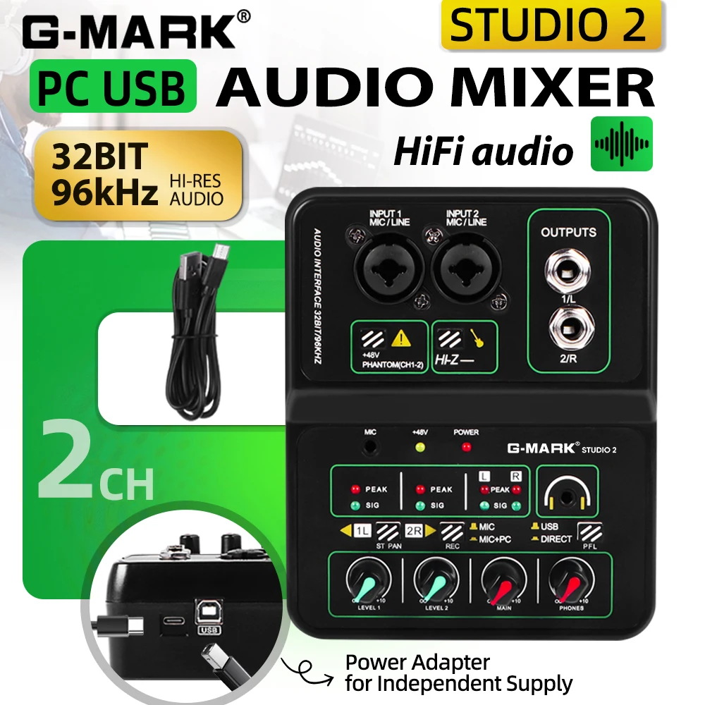 g-mark-オーディオミキサー-2-チャンネル-48v-32-ビット-96khz-サウンドエフェクトインターフェイス付き-ライブショーの録音パーティー-dj-ポッドキャストストリーミング用