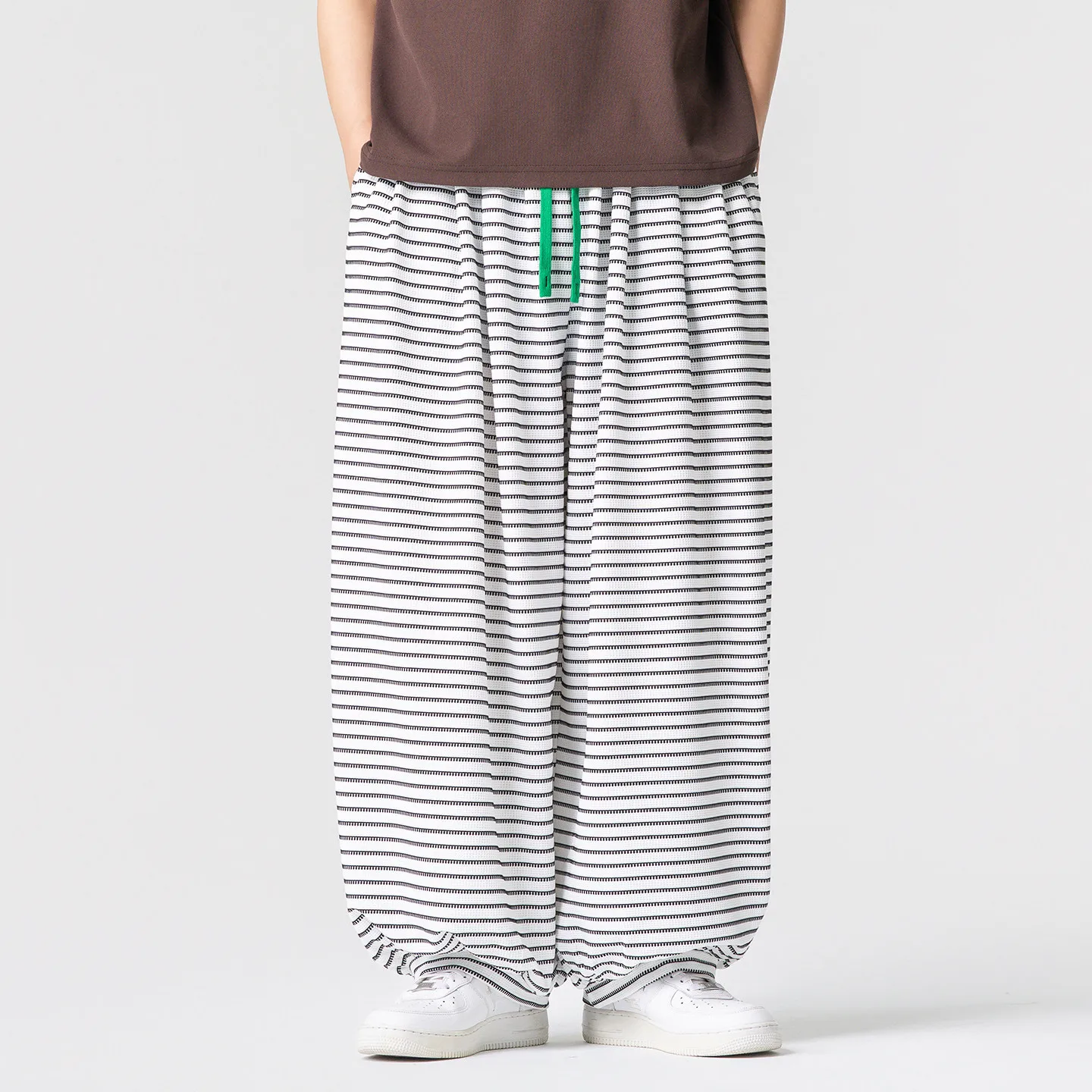 Summer Men's Striped Wide Leg Pants Straight Hip Hop Streetwear Casual Pants Men Fashion Drawstring Loose Couple Harem Trousers