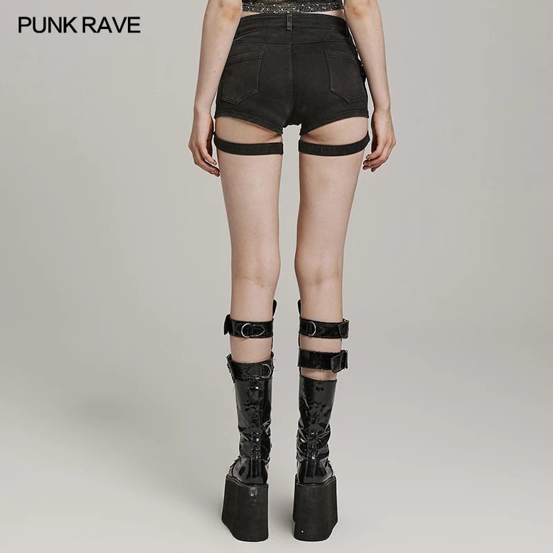 PUNK RAVE Women's Punk Stretch Denim Tight Shorts Handsome Sexy Girl's Personalized Black Short Pants Summer