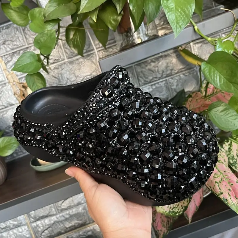 Black New Original Women's Shoes Fashion Diamond-encrusted Platform EVA Hole Shoes Women's Slippers