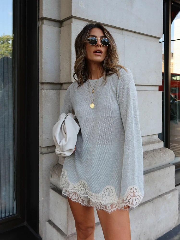 Elegant Casual Two Piece Matching Set Round Neck Flare Sleeve Top Lace Edge Loose Shorts Fashion Women Daily Lounge Outfit New