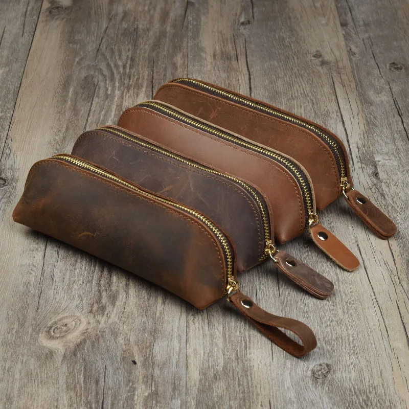 Vintage Genuine Leather Pencil Bag Handmade Zipper Pencil Case Portable Cosmetics Stationery Storage Pouch Office Supplies