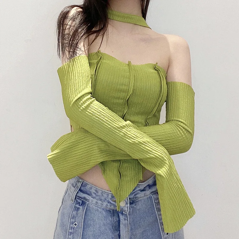 Women Flare Long-sleeved Off-the-shoulder Crops Tops Halter Slash Neck Sexy Slim T-shirts Fashion Backless Chest Wrap Tops Tees