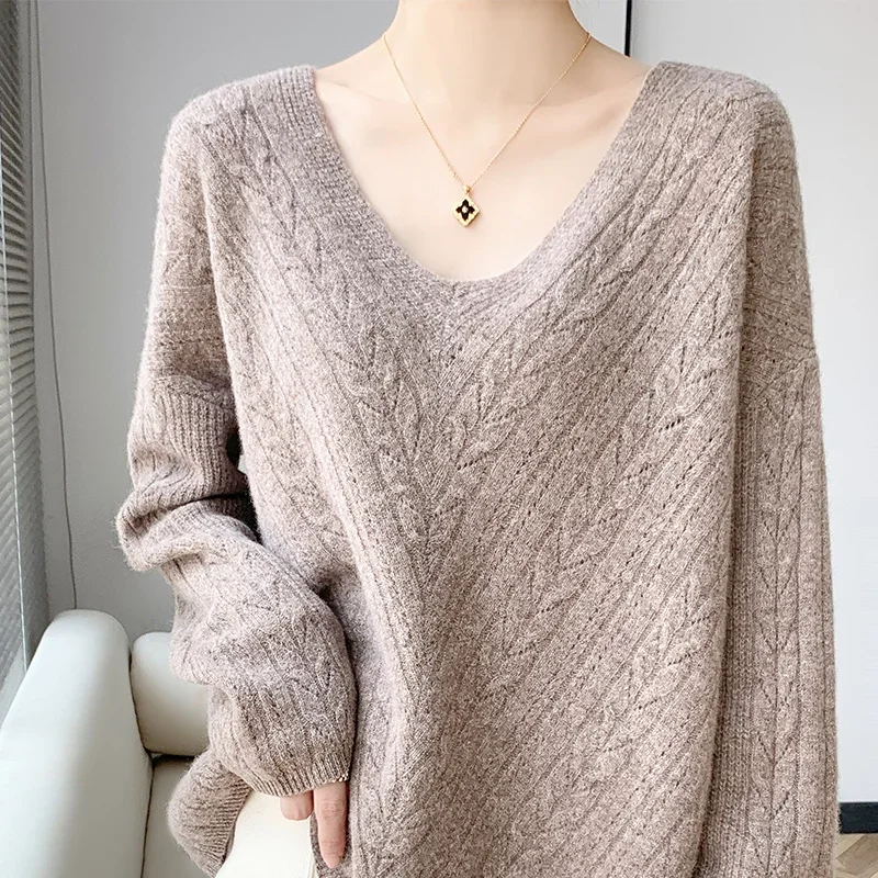 Autumn Winter 100% Wool Sweater Women\'s V-Neck Pullover Loose Hollow Sweater Cashmere Women\'s Long Sleeve Top Large Size Sweater