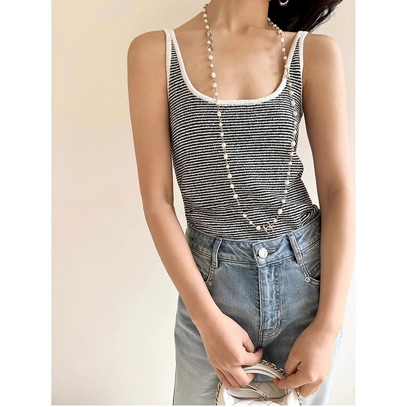 Trendy Stripe Knitted Camisole Women's Inner Wear Base Top Short Style Slim Fit Summer Vacation Style Color Block Circle Yarn