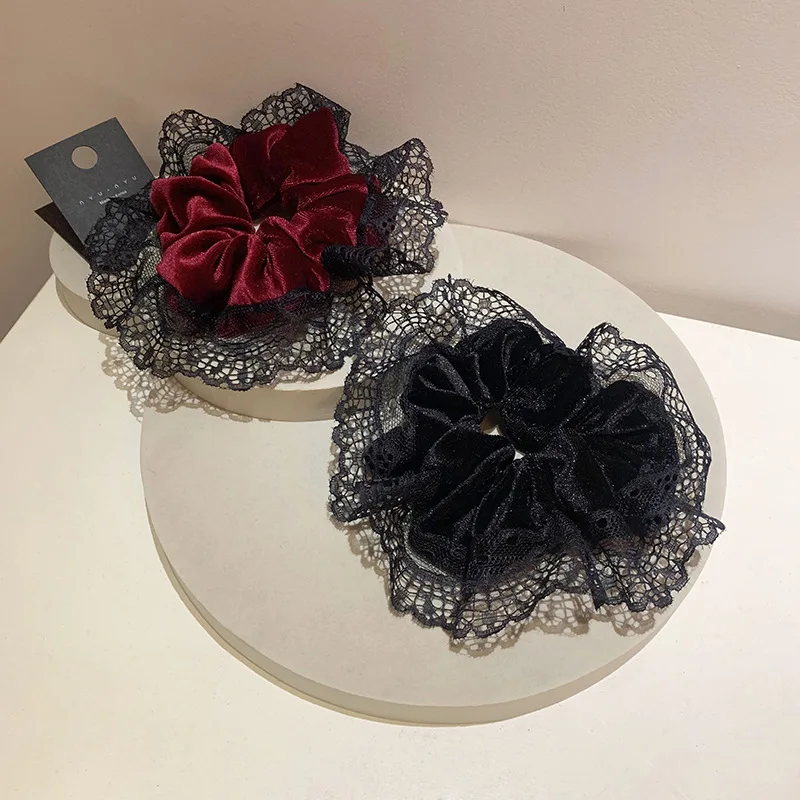 

French Retro Ballet Style Lace Trim Velvet Scrunchie High-End Ponytail Tie Fashion Versatile Hair Accessory