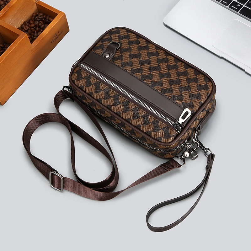 Fashion Business Shoulder Bag PU Leather Men Clutch Bag Wide Strap Crossbody Bag Designer Casual Male Messenger Pack Phone Purse