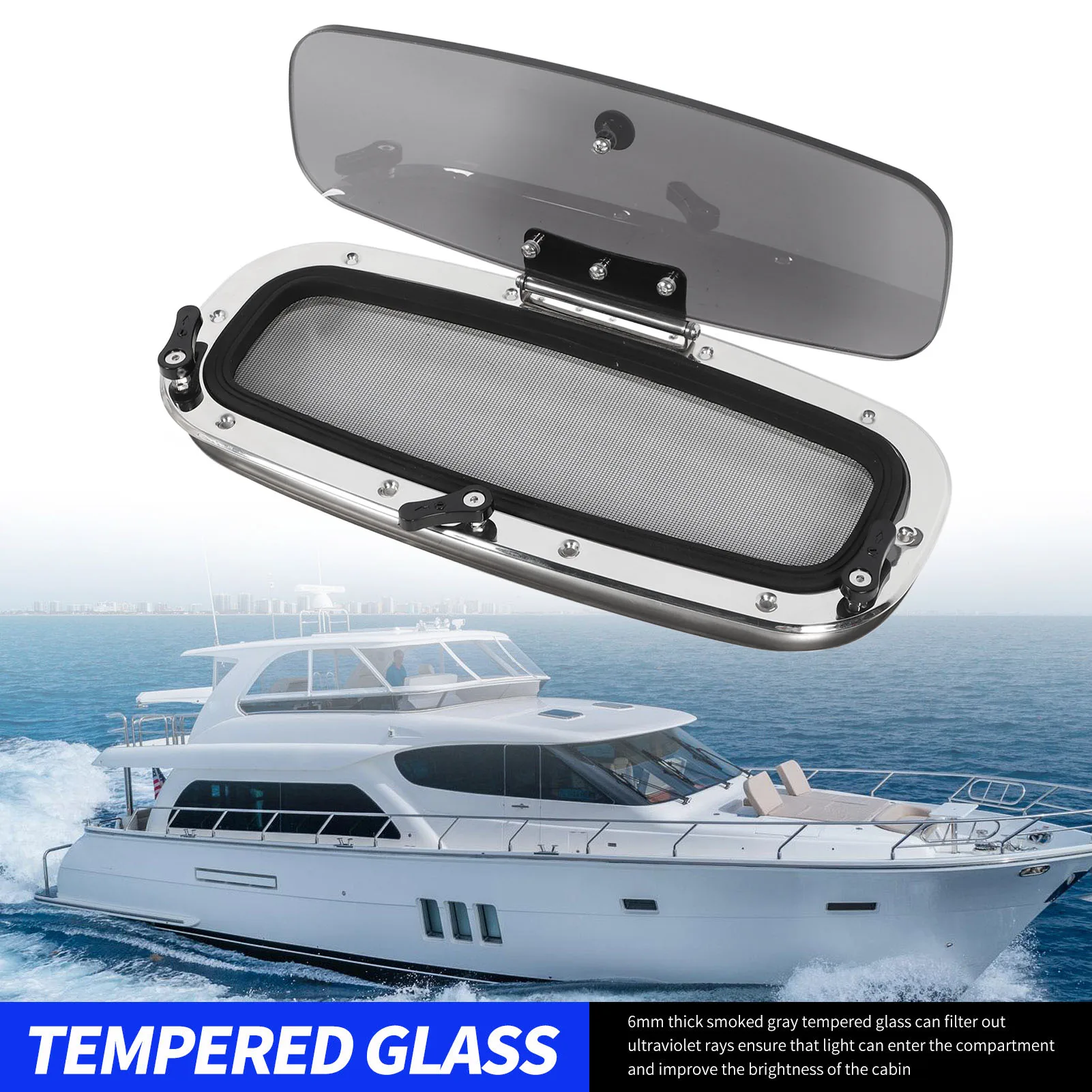 

Иллюминатор для лодки из нержавеющей стали 18,11 х 7,87 дюйма, водонепроницаемое дымчато-серое стекло, внутреннее открытие, портмотное окно с экраном и ручкой
