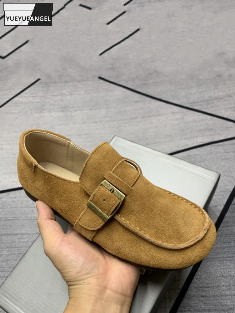 

Vintage Style Women Buckle Cow Suede Loafers Solid Color Round Toe Fashion Office Ladies Comfortable Slip On Flat Casual Shoes