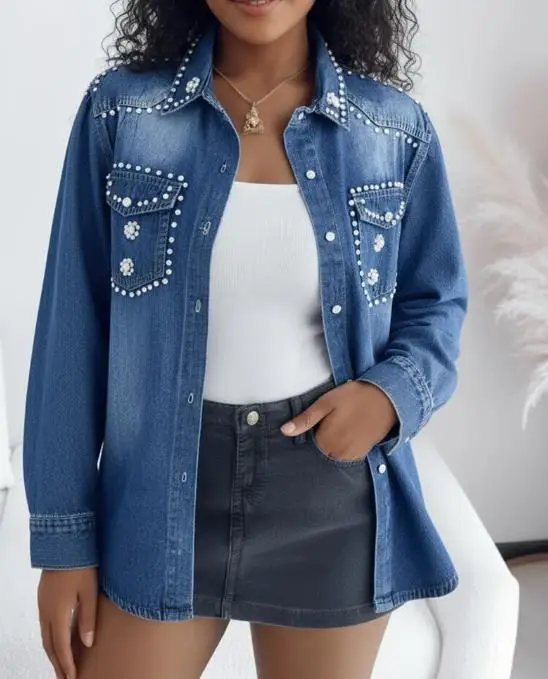 

Retro Rhinestone and Pearl Decoration Lapel Button Lapel Casual Flip Pocket Design Washed Denim Jacket