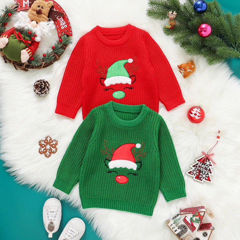 1-3Y Toddler Boy Girl Christmas Sweaters Knitted Red Green Round Neck Full Sleeve Newborn Infant Knitwear Toddler Outwear Jumper