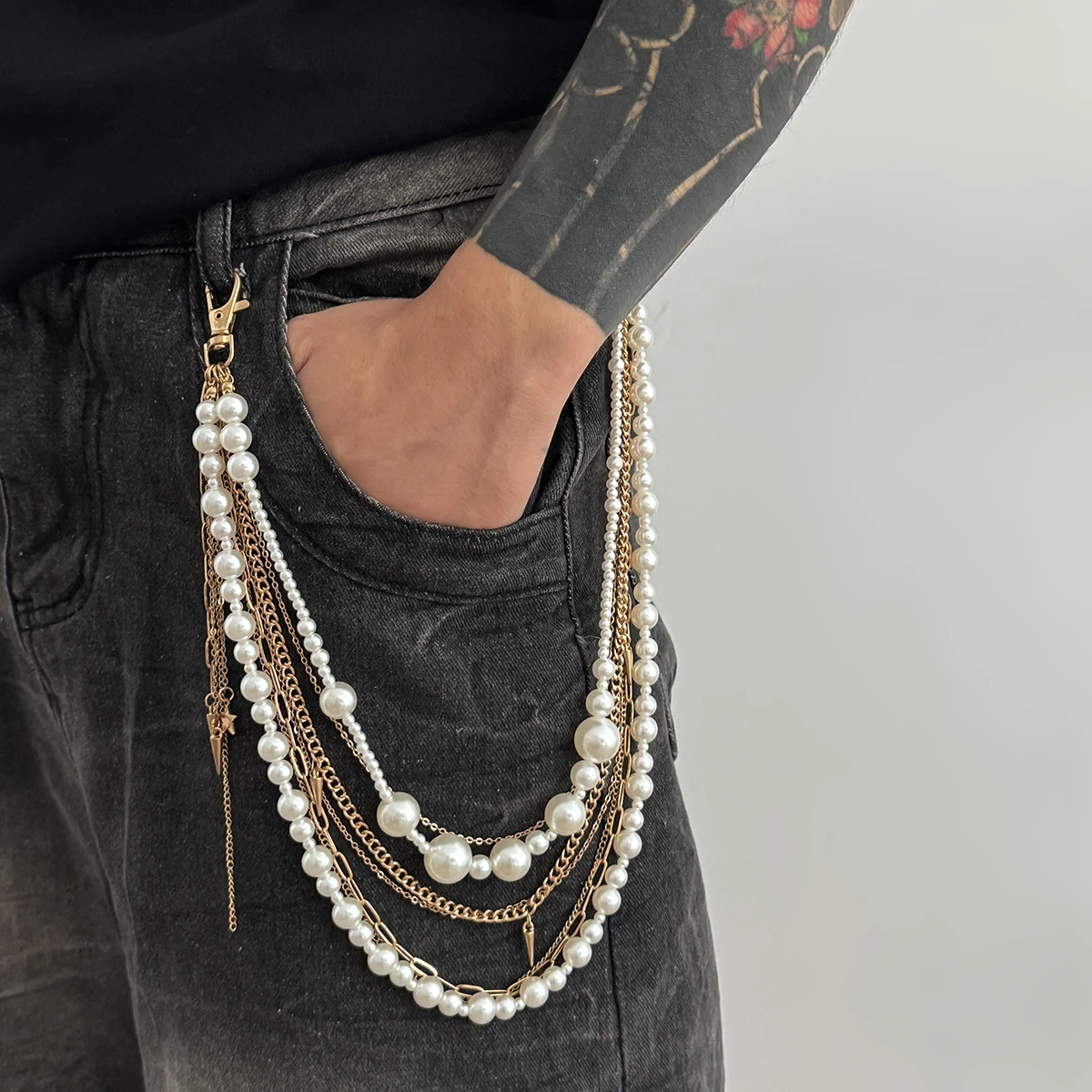 Salircon Exquisite Luxus Imitation Perle Hosen Hipster Hose Jean Schlüsselbund für Männer Punk Hosen Jeans Schlüsselring HipHop Schmuck