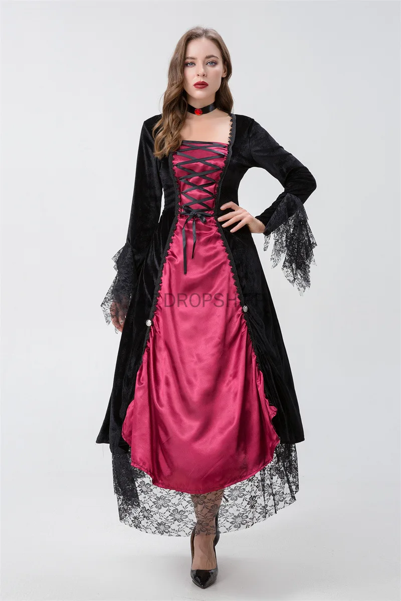 Vestido medieval para mulheres, vestido vintage com capuz, traje adulto, retrô, cosplay, dia das bruxas, assustador, vampiro, bruxa, vestido longo