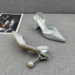Fashion Women's Shoes 2024 New Pointed Shallow Mouth Bling Crystal High Heels Stiletto Silver Banquet Party Women's Sandals