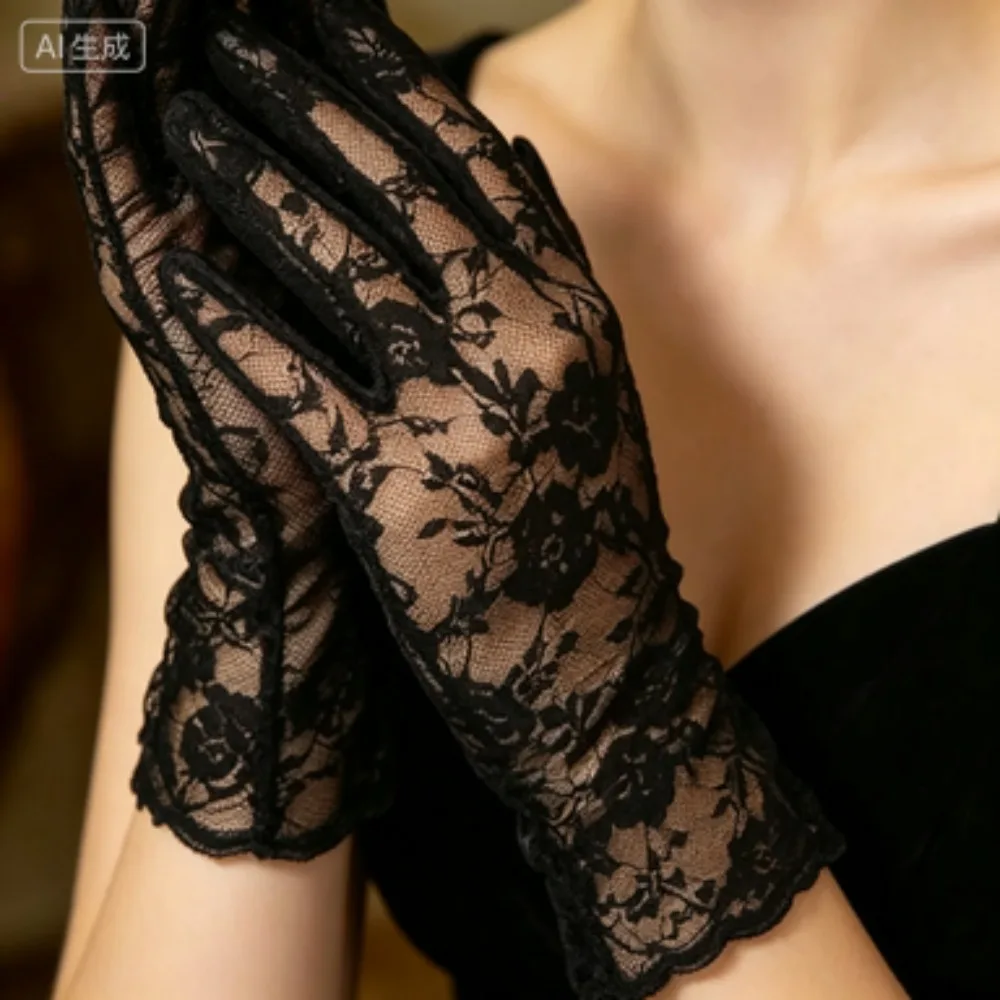 Women Thin Mesh Lace Gloves Ruffle Full Finger UV Protection Breathable Sun Proof Driving Mittens Hand Accessories