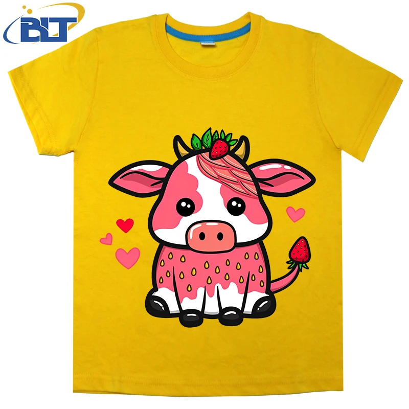 

Strawberry Cow Printed Kids T-shirt Summer Cotton Short Sleeve Casual Tops Suitable for Boys and Girls