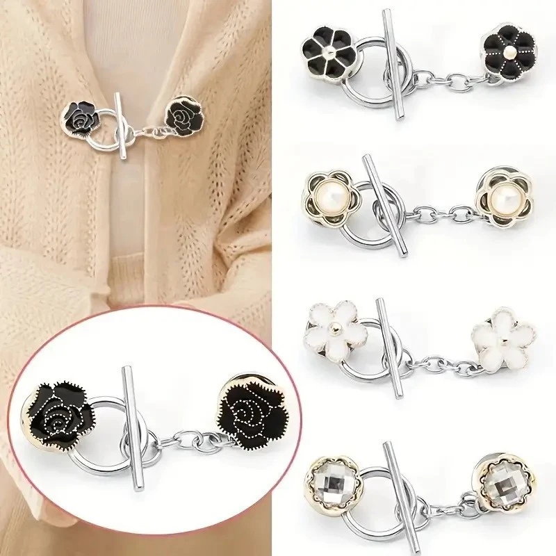 Cardigan Clip Holder Buckle Flowers Collar Dresses Clip with Chain Clothing Brooch Clip for Poncho Cape Wrap Shawl Accessories