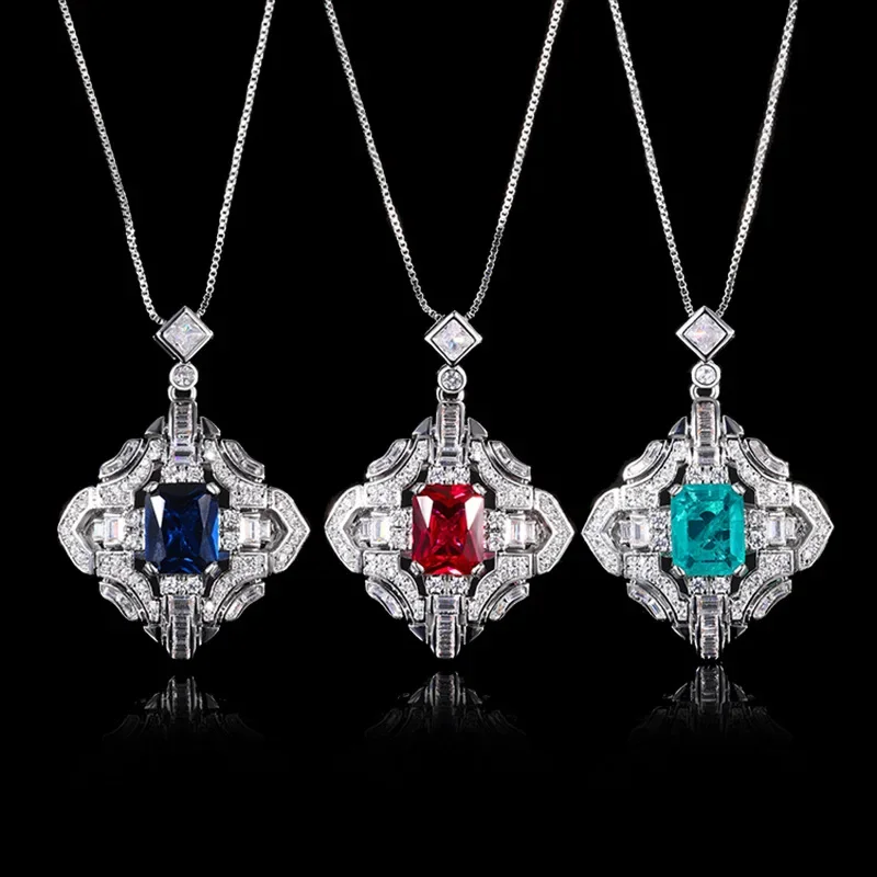 

Vintage Inspired S925 Sterling Silver Pendant Necklace with Sapphire Ruby Emerald Gemstones Elegant Statement Jewelry for Women