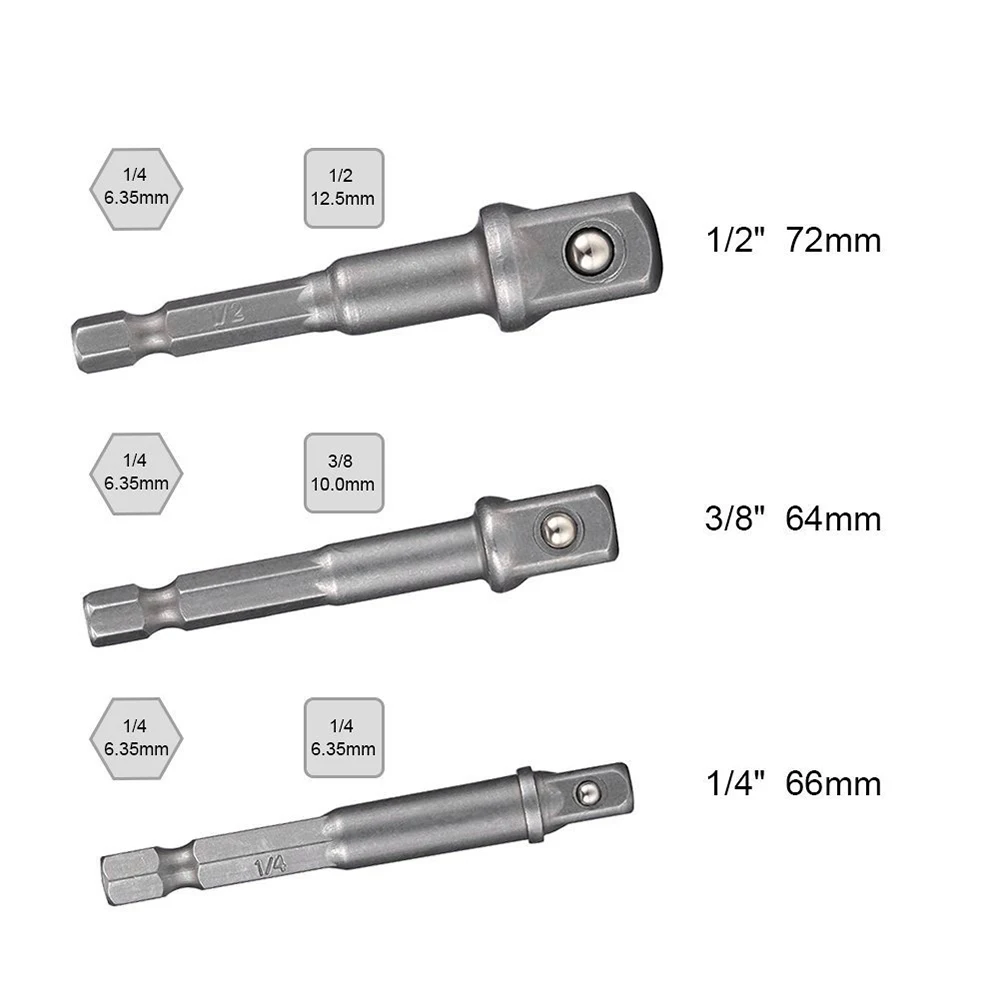 3pcs Impact Chrome Vanadium Steel Socket Adapter Shank 1/4" 3/8" 1/2" Extension Rod Drill Bits Hex Bit Set Power Tool Accessorie