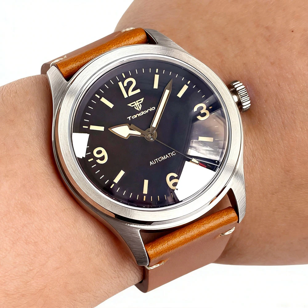 

Мужские механические дайверские часы Tandorio 38 мм, японский механизм NH35A PT5000, светящиеся, водонепроницаемость 200 м, сапфировое стекло, кремово-черные, винтажный дизайн