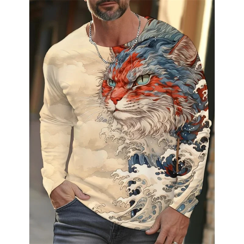 2026 new men's Ukiyoe long-sleeved T-shirt 3D printing high-definition wave cat printing men's autumn casual round neck top