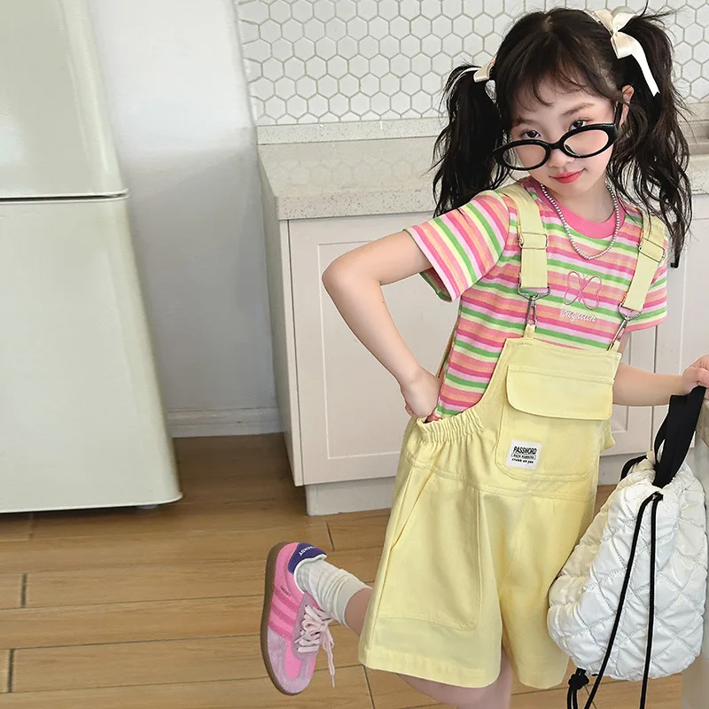 

Girls Suits Spring Summer Suit 2024 New Style Children Striped Short Sleeve Girls Suspenders Two-piece Set Clothes Suits