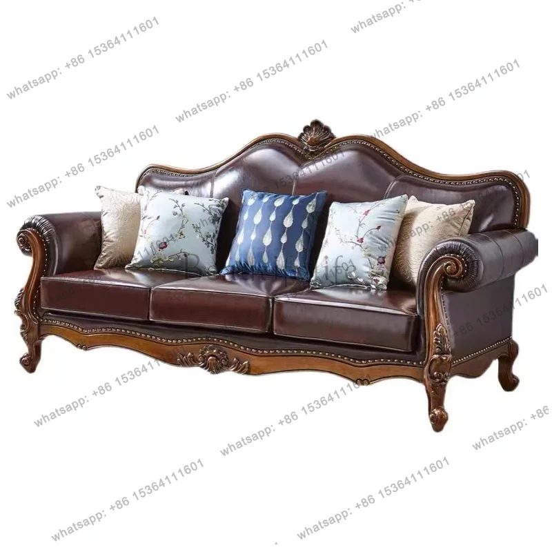 

Classic American vintage country leather sofa full solid wood carved furniture