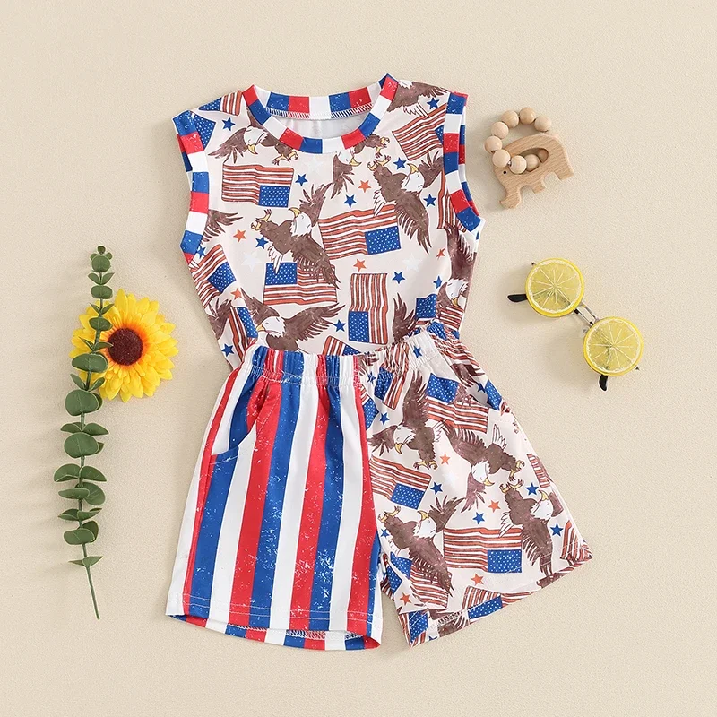 Newborn Baby Boy Memorial Day Outfits Flag Eagle Print Sleeveless Tank Tops and Elastic Shorts Set Summer 2 Piece Clothes