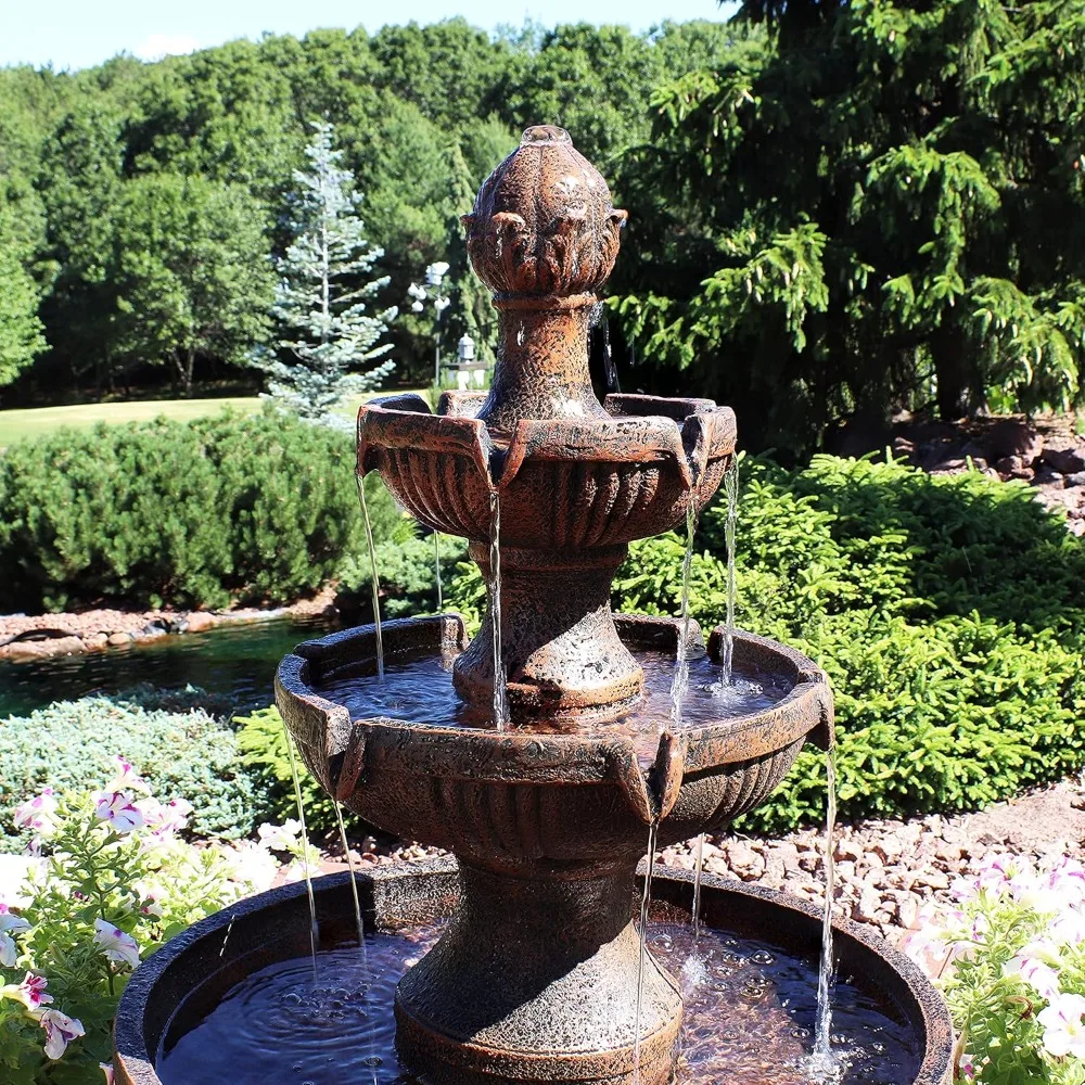 Brown fountain Flower Blossom 43-Inch 3-Tier Outdoor Fiberglass Resin Water Fountain - Electric Submersible Pump