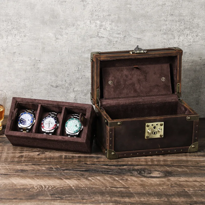 Vintage Crazy Horse Leather Watch Storage Box Handmade 234-Watch Display Box Rivet Leather Watch Box