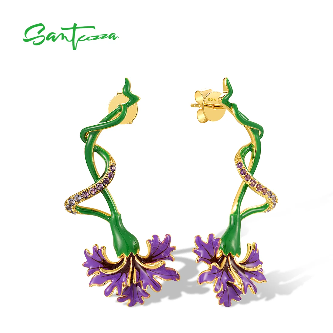 

SANTUZZA Pure 925 Sterling Silver Stud Earrings For Women Purple Flower Created Nano Spinel Green Enamel Party Gift Fine Jewelry