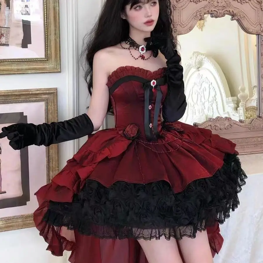 Coalfell Japanese Gothic Style Vintage Rose Nebula Red Lolita Evening Dresses Y2k Girls Strapless Lolita Princess Mini Dress