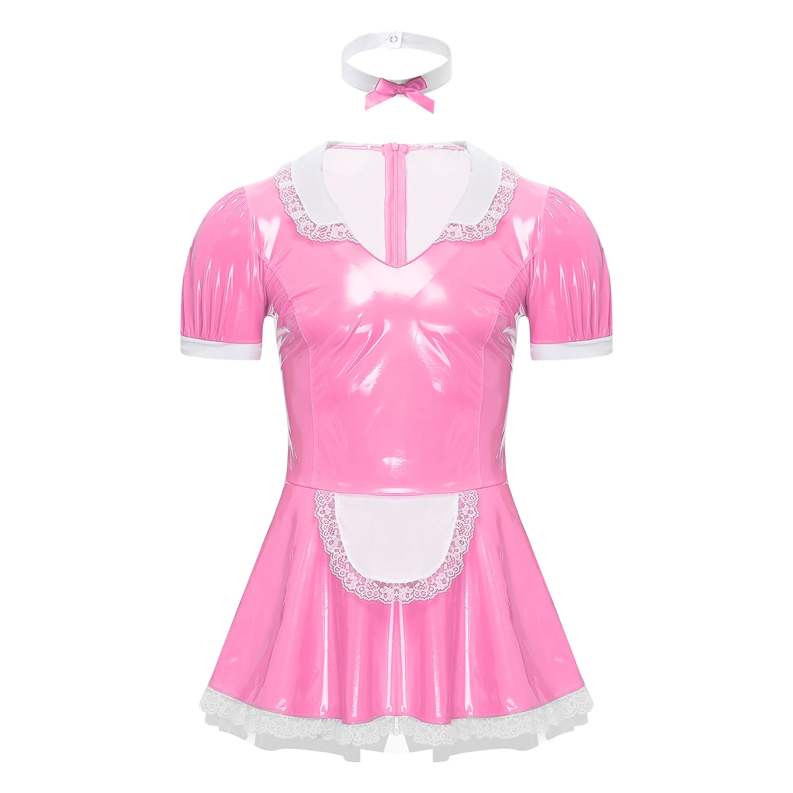 

Gay Men Sissy Maid Dress Puff Sleeve Ruffle Lace Patent Leather Servants A-Line Dress Crossdresser Maid Cosplay Costume Clubwear