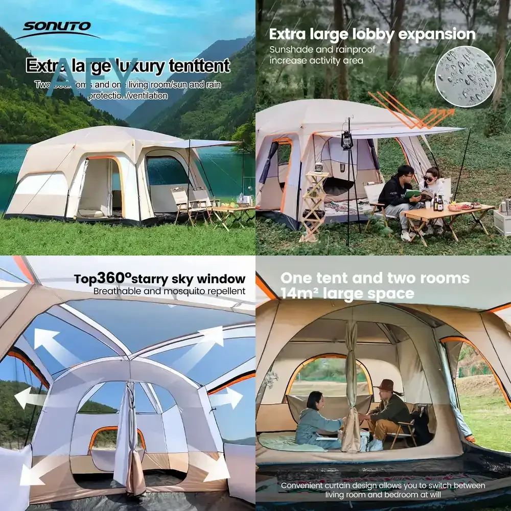 10 Person Camping Tent for 210D Oxford Fabric Waterproof Windproof Sun Protection 3 Season Lightweight 2 Room 1 Living Room