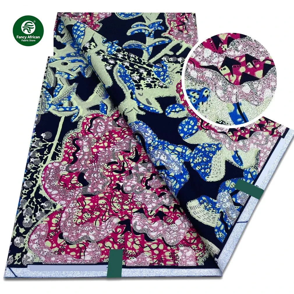 

2026 Grand Super African Glitter Glam Wax Fabric 100% Cotton Ankara Wax Fabric Soft Real African Glitter Golden Fabric 6 yards