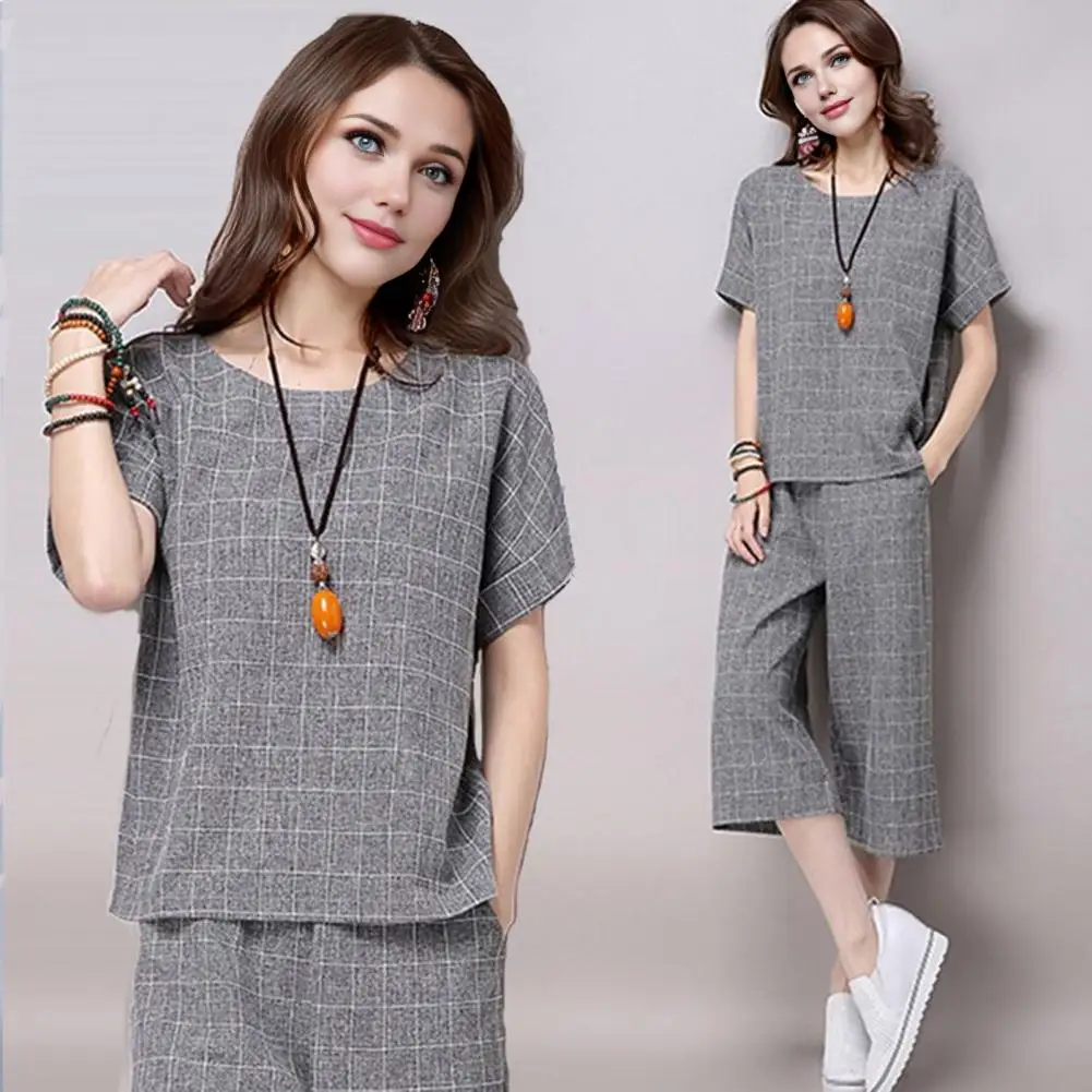 

Wide Leg Harem Pants Outfit Casual O-Neck Short Sleeve Irregular Hem Pockets Top Pants Set Mid-aged Women Printing Streetwear