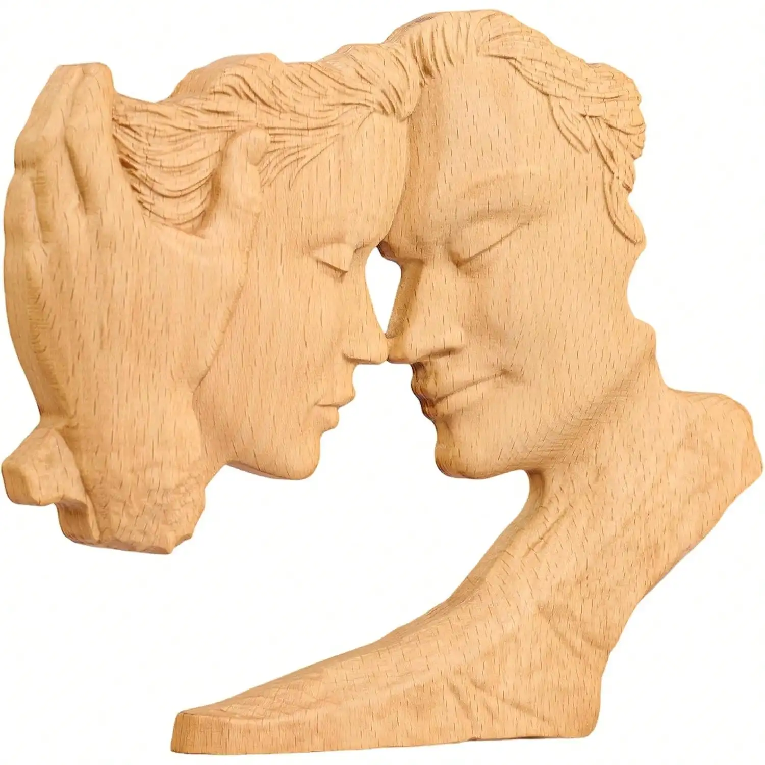 Adorno de Madera de Diez Pulgadas con Pareja Besándose, Escultura Abstracta de Retrato, Figura Romántica de Amor, Pieza de Arte Artesanal para Escritorio, Decoración para Sala de Estar, Dormitorio, Oficina, Estante, Boda, Color Marrón Natural, Un Solo Paquete