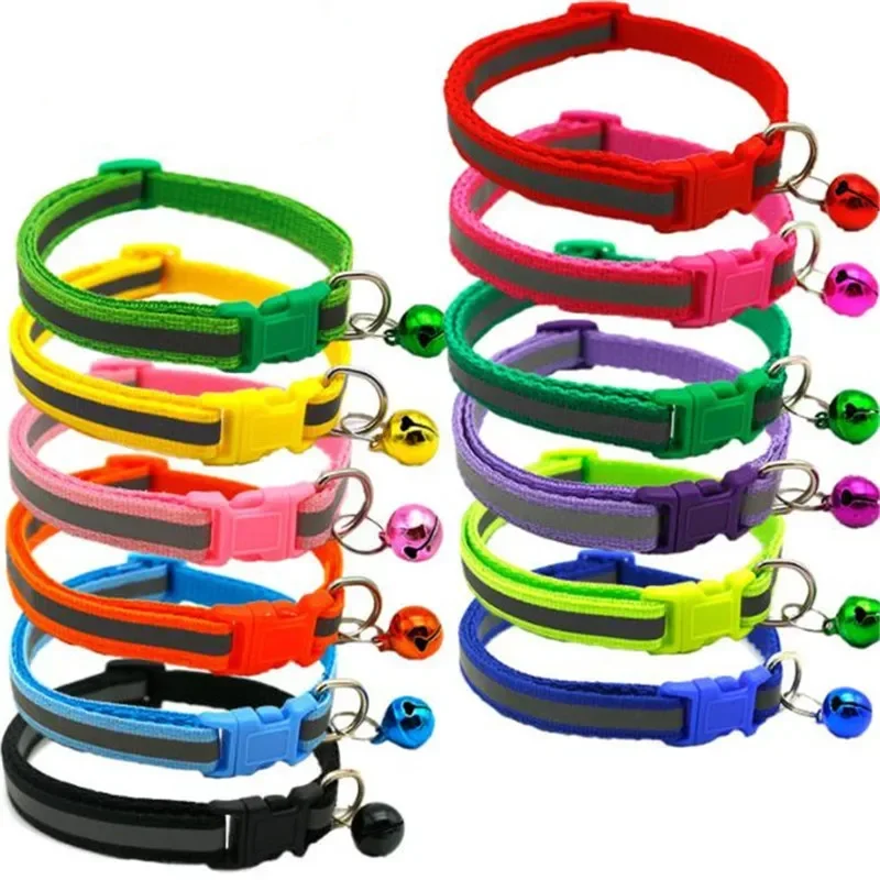 Cute Nylon Reflective Pet Collar Pet Accessories Dog Cat Collar Bell Colorful Reflective Adjustable Collars for Puppy Kitten