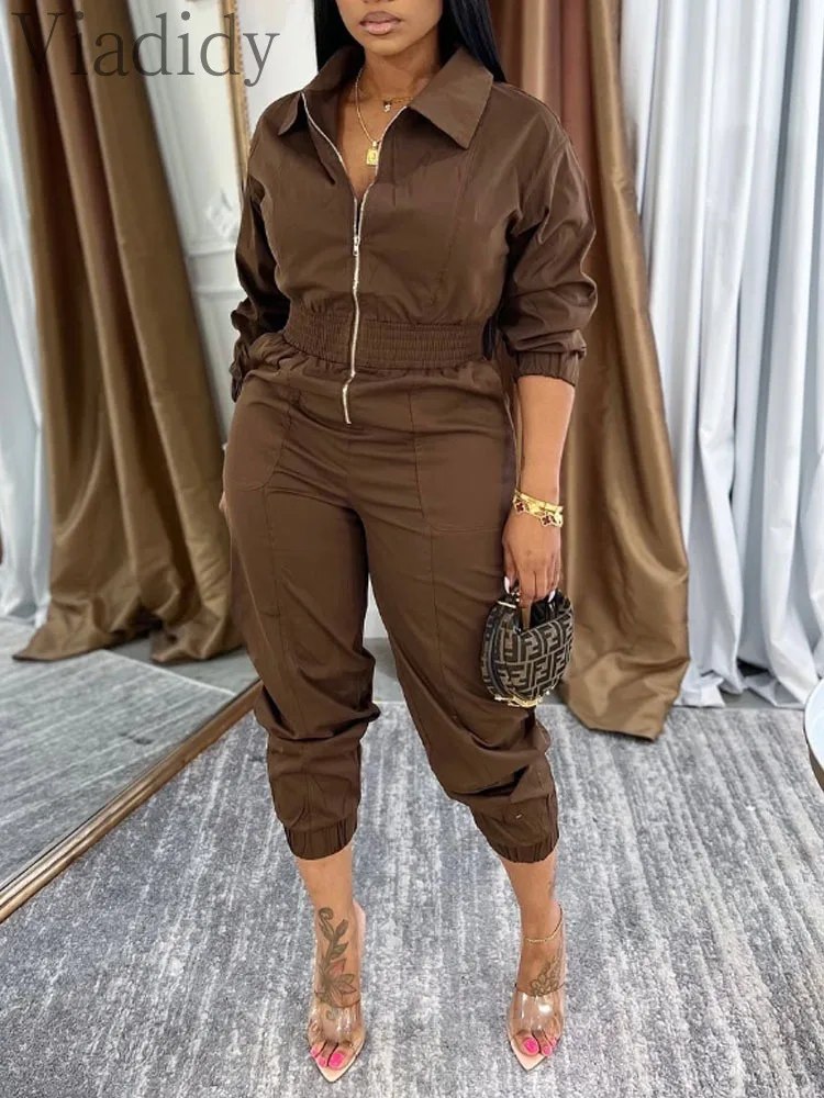 Dames sexy effen kleur rits omslagkraag lange mouw cargo jumpsuits rompertjes