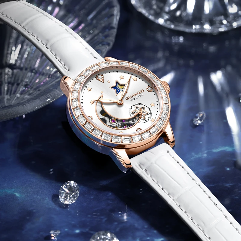 GUANQIN Women Mechanical Watch Luxury Starry Moon Series Ceramic Moonphase Sub-dial Leisure 30M Waterproof Luminous Watches